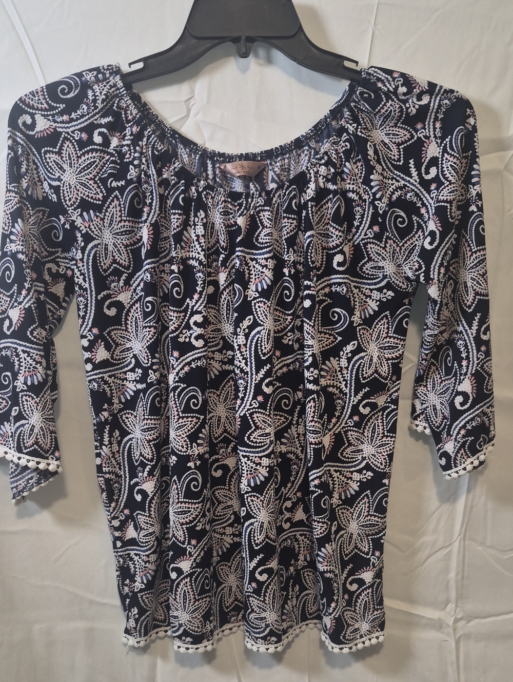SJS Navy Floral Paisley Peasant Tunic with White and Pink Accents